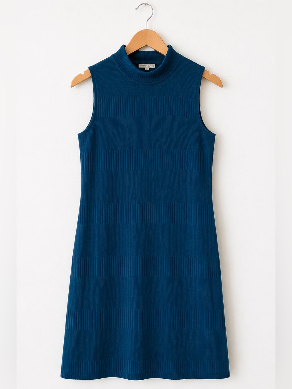 Chelsea Taylor Teal Blue Mock Neck Ribbed Knit Sleeveless Dress Size 6
